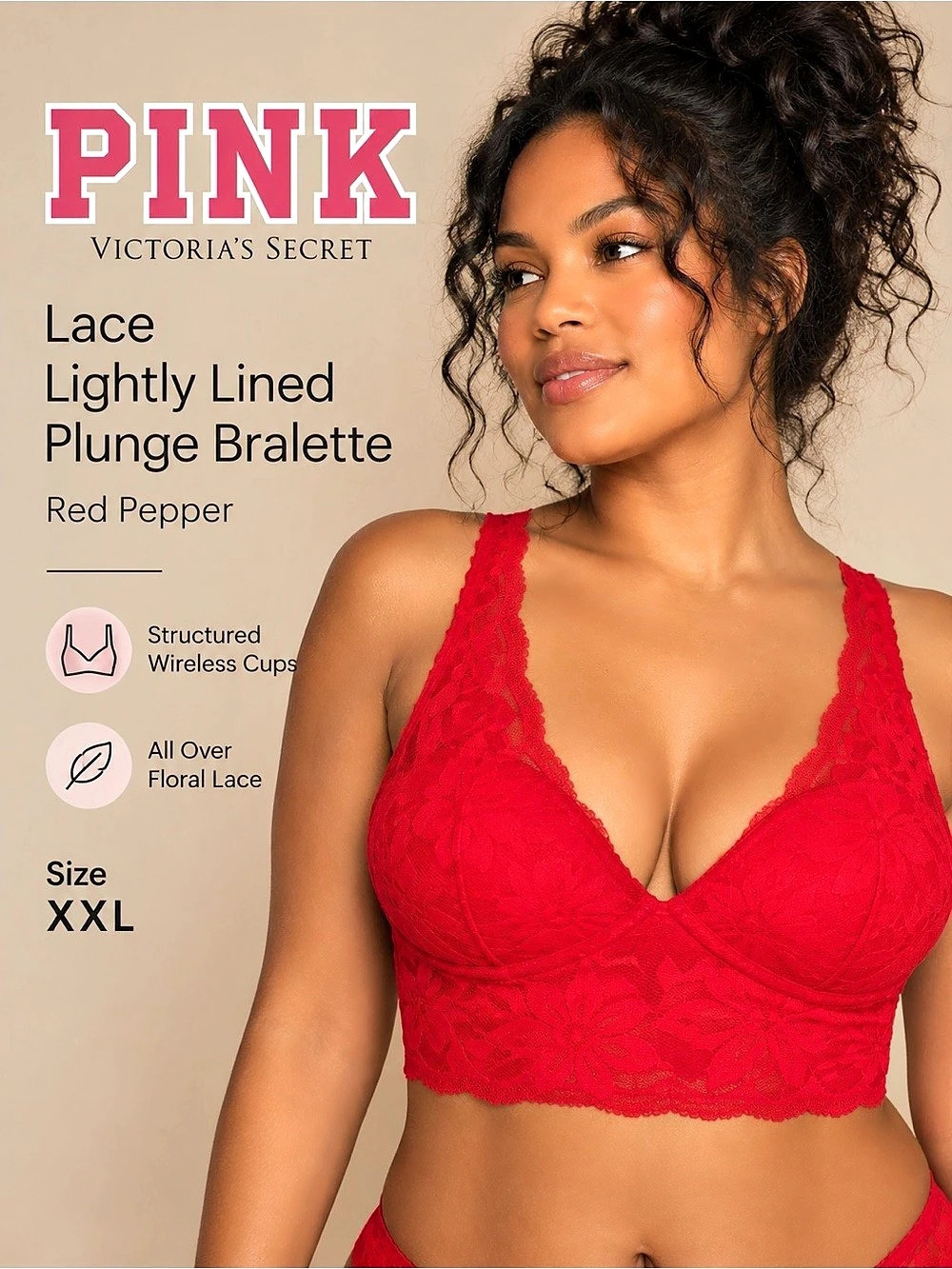 PINK Victoria’s Secret Red Pepper Lace Lightly Lined Plunge Bralette XXL NWT